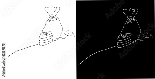 One line drawing of a money bag and stacked coins, shown in black and white versions. Minimalist financial design perfect for banking, saving, or investment concepts.
