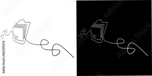 Minimalist continuous line drawing of a document folder with a swirling cable, shown on white and black backgrounds, perfect for tech or office themes.