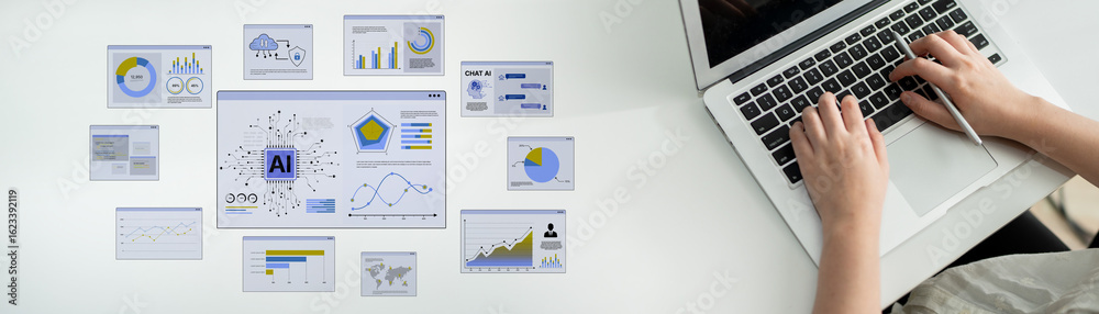 Fototapeta premium AI Assistant Brain Processor with LLM Technology, Big Data, Machine Learning, Generative AI for Business Support, Future Agentic AI Technology and Artificial Intelligence Prompt Engineering. Spline