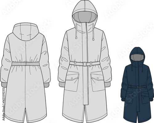 Technical flat sketch of a long parka jacket with a hood and belt, front and back view, CAD drawing fashion vector illustration.
