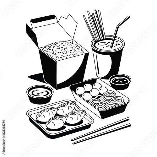 Asian fast food combo with fried rice box, noodle container, gyoza, spicy wings, dipping sauces, chopsticks, and takeaway drink black and white vector