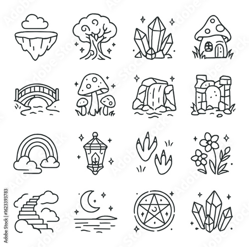 Charming black and white fantasy icon set featuring nature and magical elements