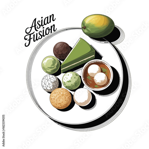 Asian fusion dessert display with matcha cake, mochi, green tea ice cream, sesame cookie, taro ball soup, and Thai mango black and white vector