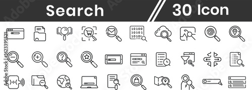 SEO Search and Marketing line icon set.Set of 30 outline icons related to SEO, marketing, advertising, online shopping, social media, target audience and others. Editable stroke. Vector illustration.