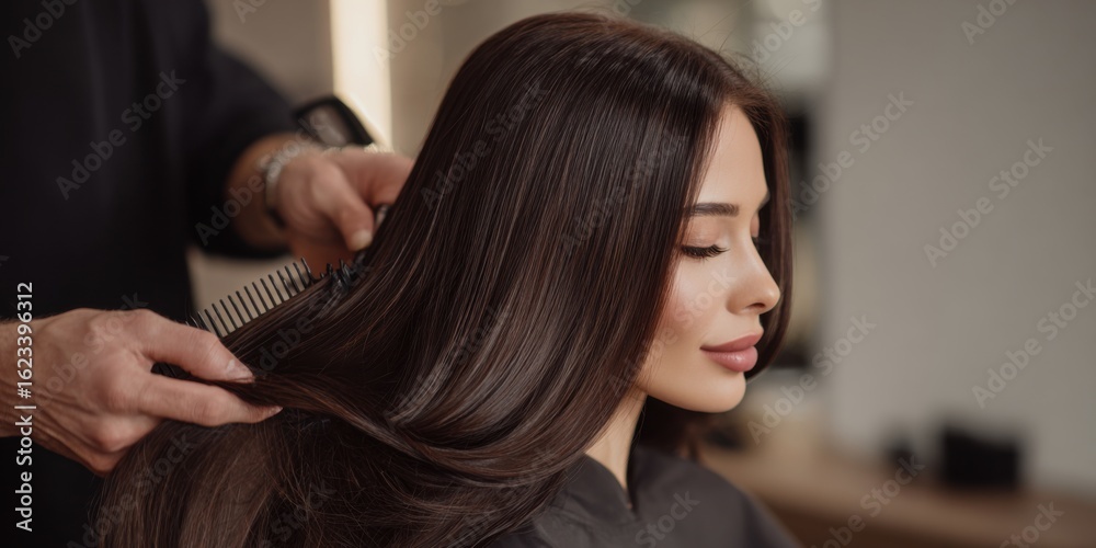 Fototapeta premium Professional hairstylist grooming a woman's long, shiny hair in a modern salon setting