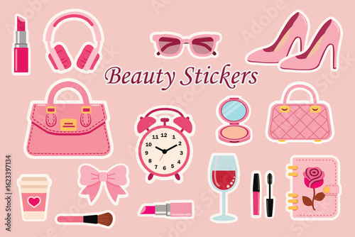 Set of glamorous stickers for planner in pink color. Cute and stylish elements: lipstick, high heels, headphones, bow, coffee cup with heart, sunglasses, compact mirror, alarm clock, pink handbag, win