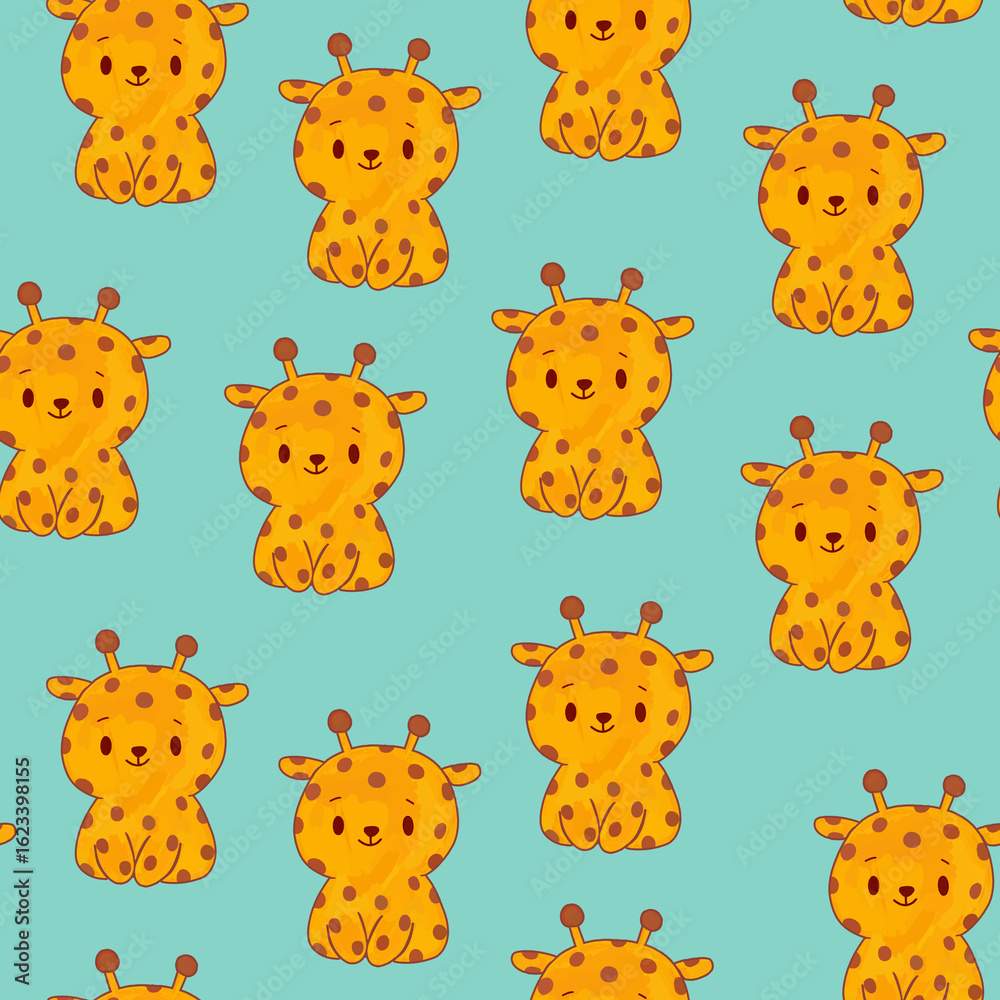 Obraz premium Cute yellow spotted giraffes on blue background pattern. Baby animals wallpaper. Simple children's illustration for print clothes textiles