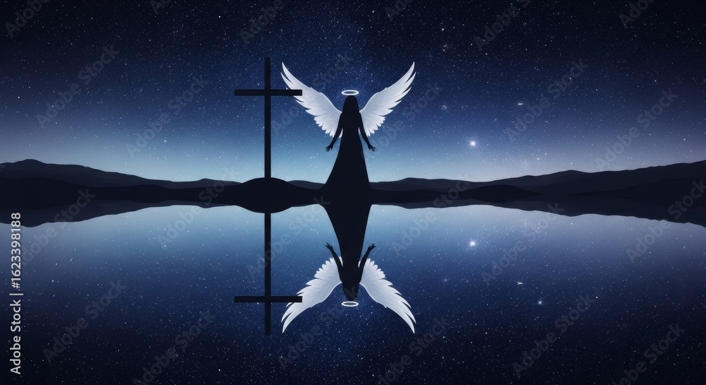 Fototapeta premium Angelic Reflection at Night - Serene symbolizing faith, hope, peace, spirituality, and eternity. Silhouette of an angel and cross reflected in still water under a starry sky