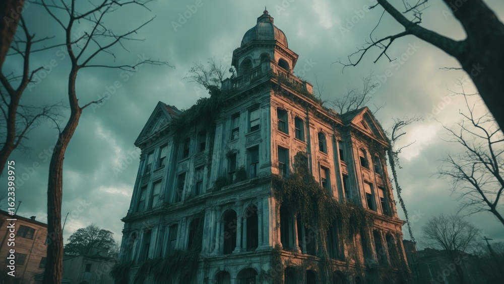 Obraz premium A haunted or abandoned building with an old architectural style, surrounded by barren trees against a moody sky.