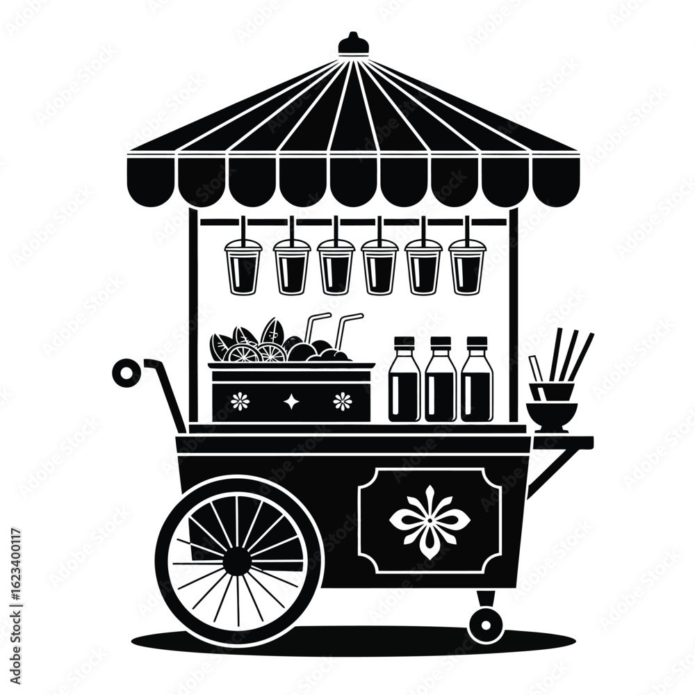 Obraz premium Asian summer drink cart with hanging cups, juice jugs, shaved ice box, fresh cut fruit tray, ladles, straws, and chill box black and white vector
