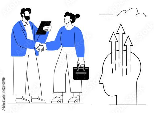 Wallpaper Mural Two businesspeople shaking hands, one holding documents, symbolizing partnership. Nearby, a head silhouette with upward arrows represents growth, ideas, and progress. Ideal for business, teamwork Torontodigital.ca