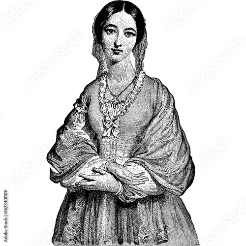 A classic vintage engraving of a 19th-century woman in period dress. Elegant historical portrait illustration of a lady with a somber expression.