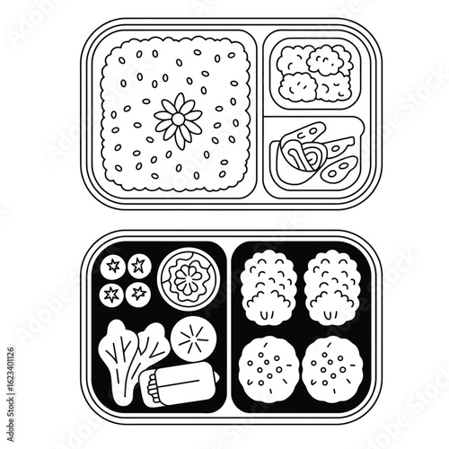 Black and white vector of Japanese bento lunch set with karaage chicken, rice, tamagoyaki, gyoza, vegetables, and pickled plum