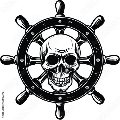 Skull and ship steering wheel with symbols Columbus black and white illustration