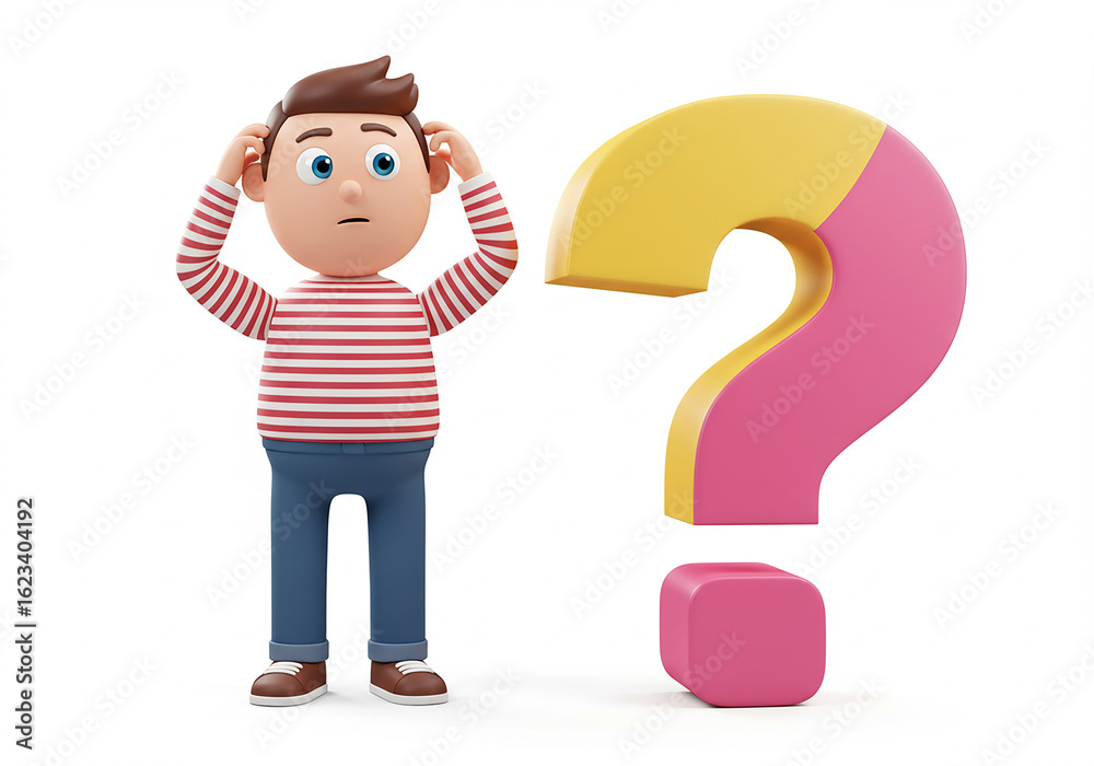 Cartoon man with question mark scratching head, 3d render. Cartoon man with question mark scratching head, 3d render.