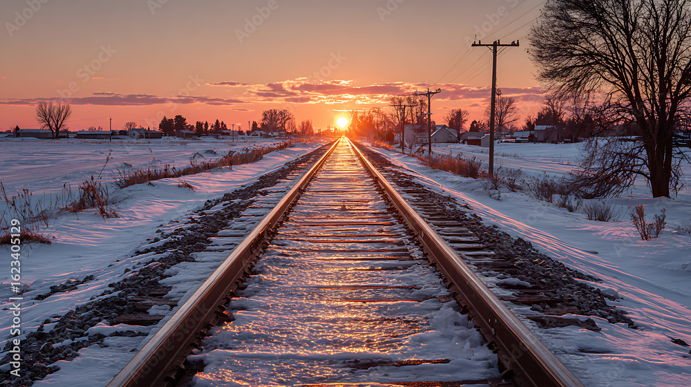 Fototapeta premium Golden sunset over snow covered railroad tracks leading into the distance