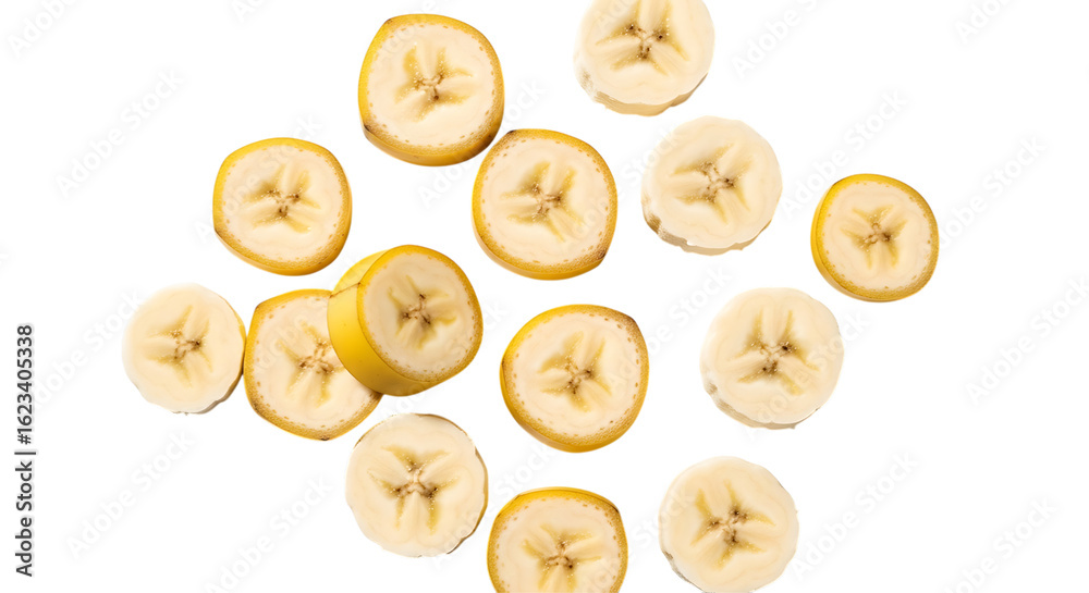 Banana slices isolated on transparent background, a healthy and sweet snack Banana slices isolated on transparent background, a healthy and sweet snack