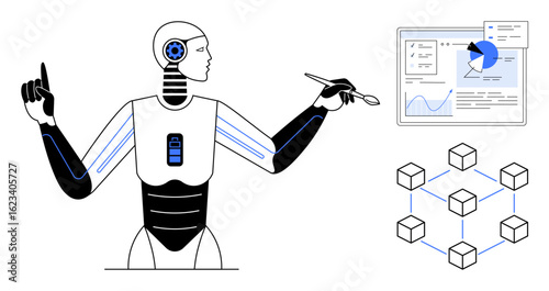 Robot with a stylus analyzing graphs on a screen alongside interconnected cubes. Ideal for AI, technology, automation, blockchain, data science, research, futuristic tech, simple landing page