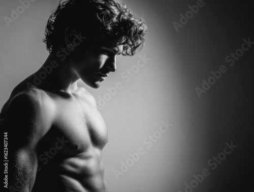 Profile of a muscular man with curly hair, captured in black and white lighting.