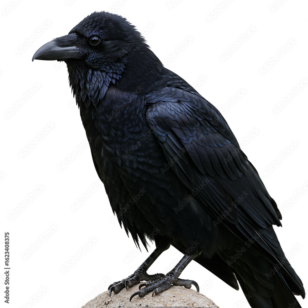 Fototapeta premium Close up of a majestic black raven perched on a rock against a dark background wildlife photography on transparent background