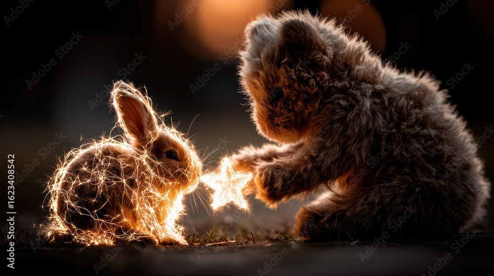 Fototapeta premium Adorable furry creature and rabbit interacting with glowing star in enchanting nighttime setting