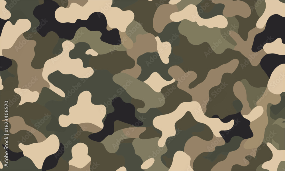 Naklejka premium Scalable modern vector illustration of a classic seamless military camouflage pattern, camouflage military texture background soldier repeated seamless green print, easily editable.