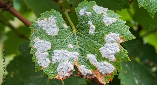 Grapevine leaves afflicted with powdery mildew and fungal infections, displaying white patches and curling edges amidst vine diseases