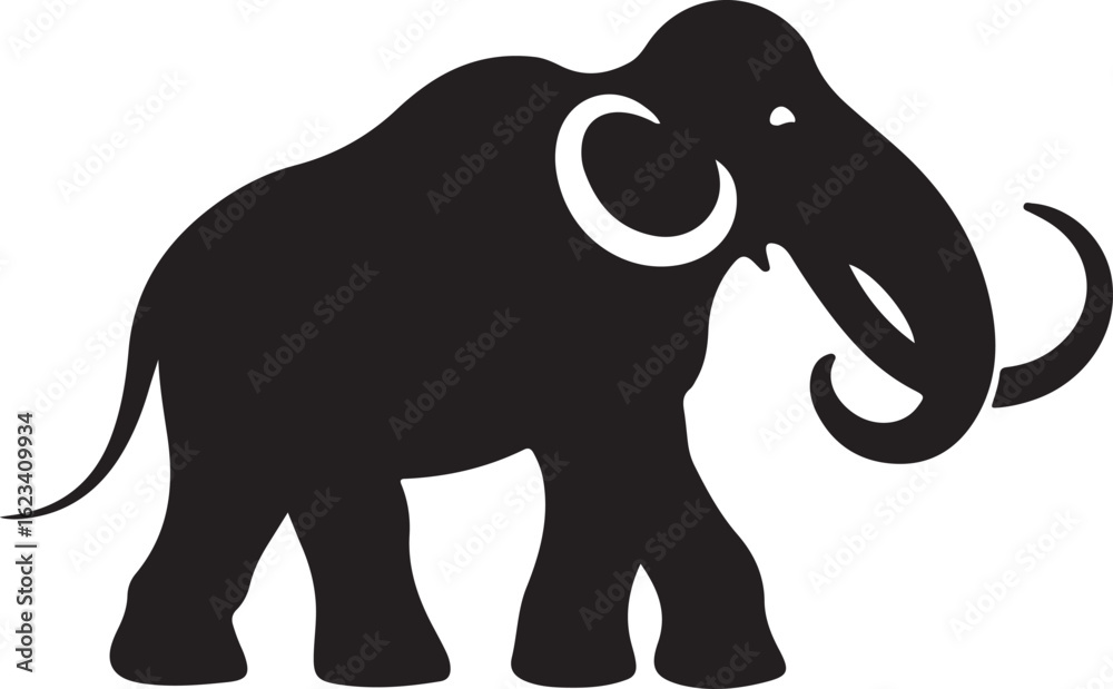 Obraz premium Silhouette Style Vector Mammoth Logo Icon – Minimal Prehistoric Animal Symbol for Ice Age, Paleontology, or Adventure Branding, Monochrome Woolly Elephant Graphic Design for Print, Web, and Merchandis