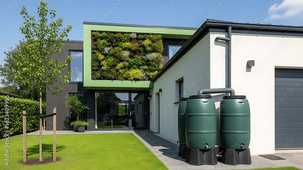 Rainwater harvesting barrels beside an eco-friendly house Rainwater harvesting barrels beside an eco-friendly house