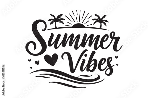 Summer vibes handwritten text with palm trees and ocean waves