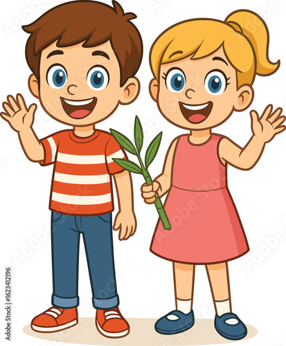 Cartoon boy and girl vector illustration, cheerful children waving in colorful clothes holding green plant for kids prints and decor