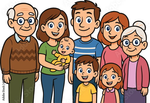 Cartoon family vector illustration, multigenerational group of smiling characters including baby children parents grandparents for kids prints and decor