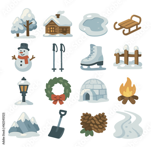 Winter elements collection: snowman, igloo, skating, and cozy cabins in a festive setting