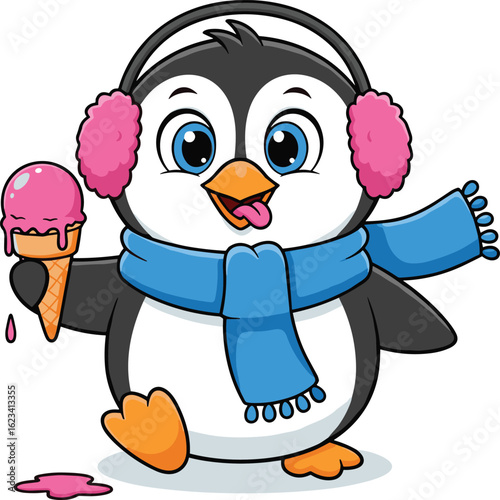 Cartoon penguin wearing earmuffs and scarf eating ice cream—playful winter-summer vector for kids, character art, seasonal humor and decor