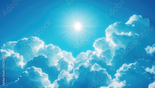 Bright sun shining through a sky filled with fluffy clouds on a clear day.