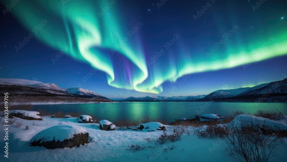 Naklejka premium Northern Lights over a snow-covered landscape and a lake under a clear sky. Nature and scenery, aurora borealis, winter landscape. The natural phenomenon of the aurora borealis.