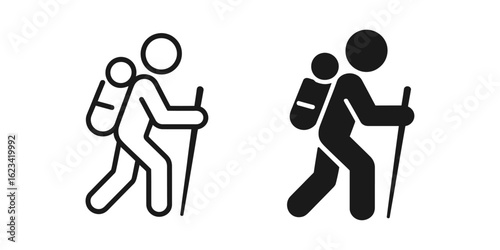 Hiker with backpack and trekking pole � Outline and Silhouette Style