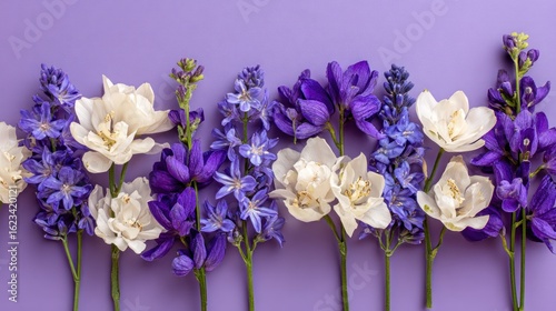 Arrangement of white and purple flowers on a purple background.