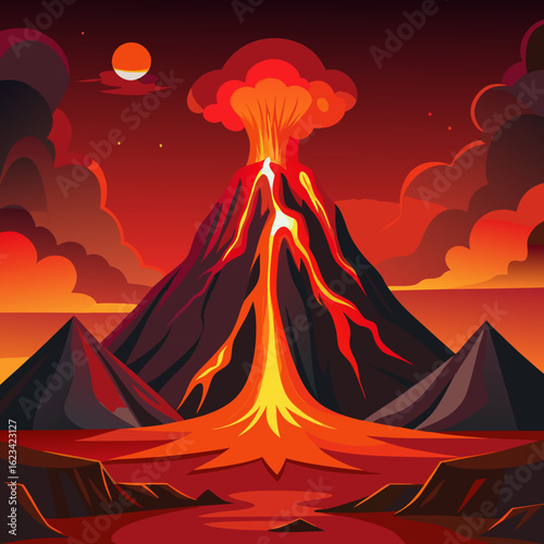 a volcanic eruption with molten lava flowing down