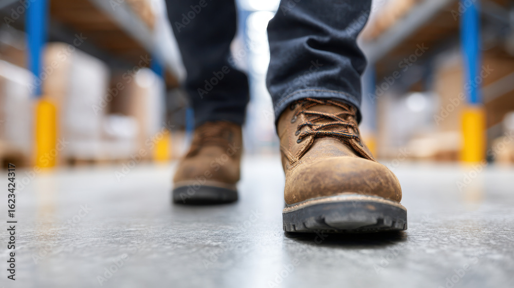 Global Supply Chain Pressure, Brown boot walking on warehouse floor shows global supply chain pressure in logistics and storage Global Supply Chain Pressure, Brown boot walking on warehouse floor shows global supply chain pressure in logistics and storage
