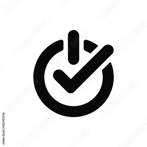 Black circular power button icon with a checkmark silhouette