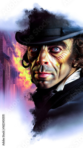 An expressive close-up portrait of a respectable victorian gentleman wearing a top hat, against the backdrop of a city fire with a dramatic smoky background