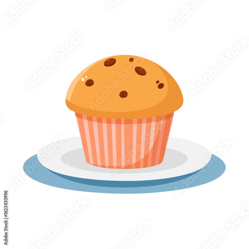 A delicious muffin on a plate, ready to be enjoyed. The muffin has chocolate chips on top, a perfect treat