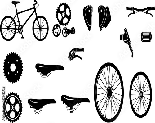 Bicycle parts icon set. bike silhouette gears, wheel, handlebar, saddle, pedals vector icons.
