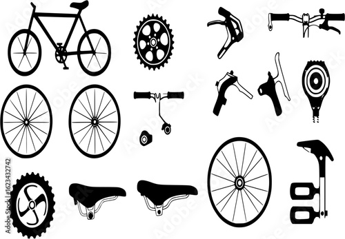 Bicycle parts icon set. bike silhouette gears, wheel, handlebar, saddle, pedals vector icons.
