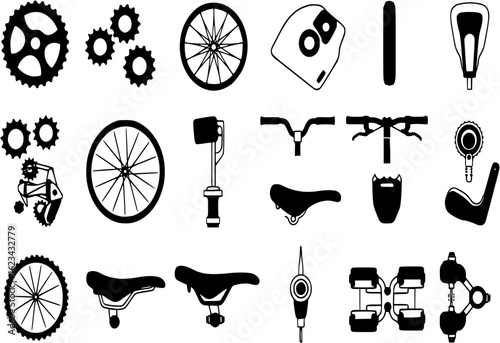Bicycle parts icon set. bike silhouette gears, wheel, handlebar, saddle, pedals vector icons.
