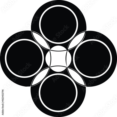 Black and White Circular Geometric Pattern Design Creating Abstract Flower Shape with Central Square and Intersecting Elements for Modern Art