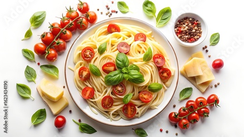 Wallpaper Mural Photo of elegant spaghetti dish with cherry tomatoes, basil, and parmesan cheese isolated on white background, showcasing a simple yet delicious italian cuisine recipe Torontodigital.ca