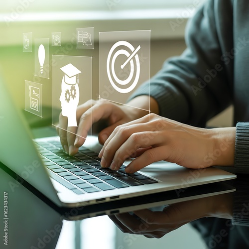 Hands typing on laptop with education and target graphic overlay illustrating online learning and skill development