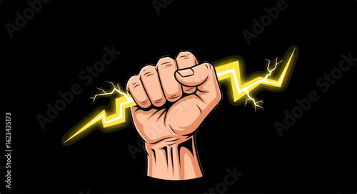 Powerful comic book style fist clenching a jagged yellow lightning bolt.